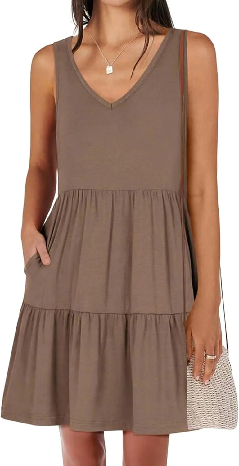 Dresses for Women Summer Fashion Sleeveless V Neck Ruffle Waist Mini Dress Solid Color Beach Vacation Sundress