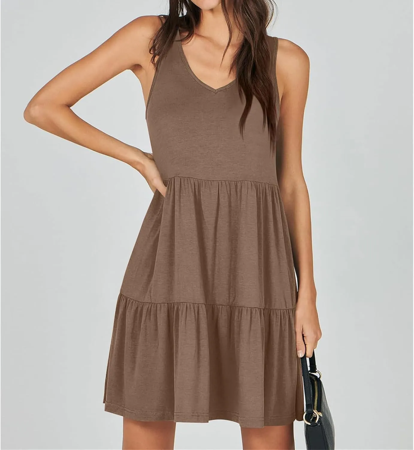 Dresses for Women Summer Fashion Sleeveless V Neck Ruffle Waist Mini Dress Solid Color Beach Vacation Sundress