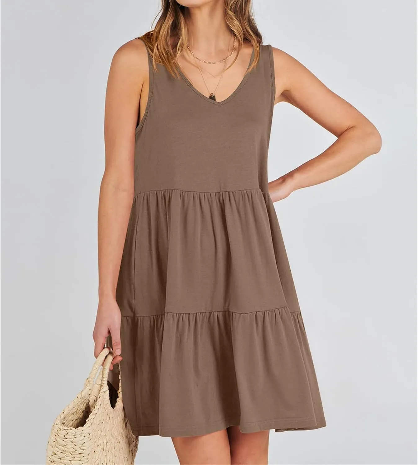 Dresses for Women Summer Fashion Sleeveless V Neck Ruffle Waist Mini Dress Solid Color Beach Vacation Sundress