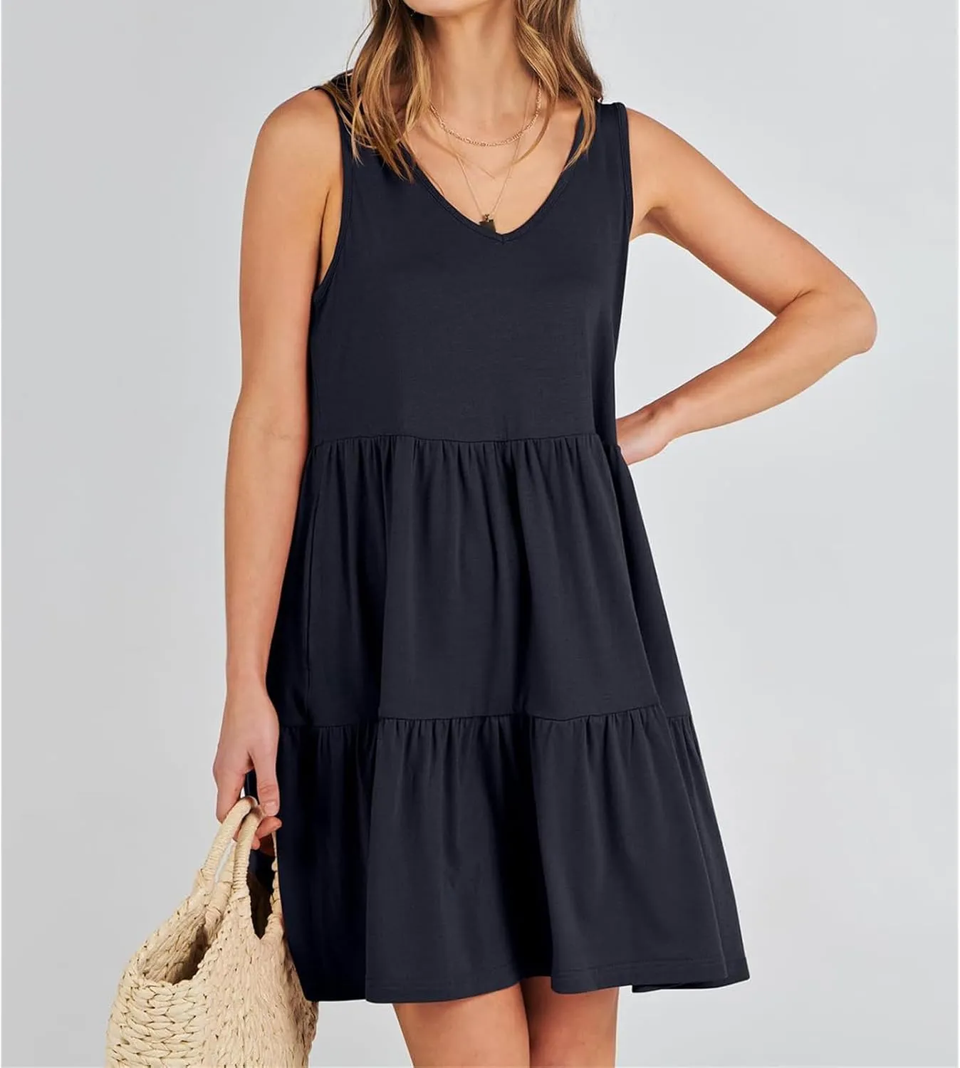 Dresses for Women Summer Fashion Sleeveless V Neck Ruffle Waist Mini Dress Solid Color Beach Vacation Sundress