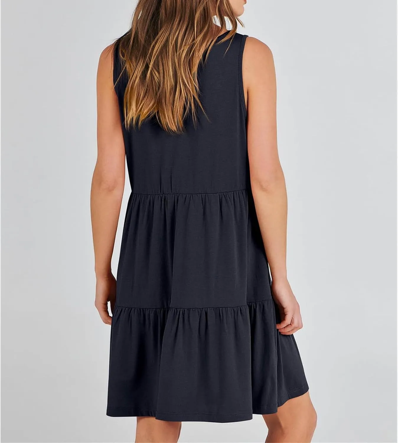 Dresses for Women Summer Fashion Sleeveless V Neck Ruffle Waist Mini Dress Solid Color Beach Vacation Sundress