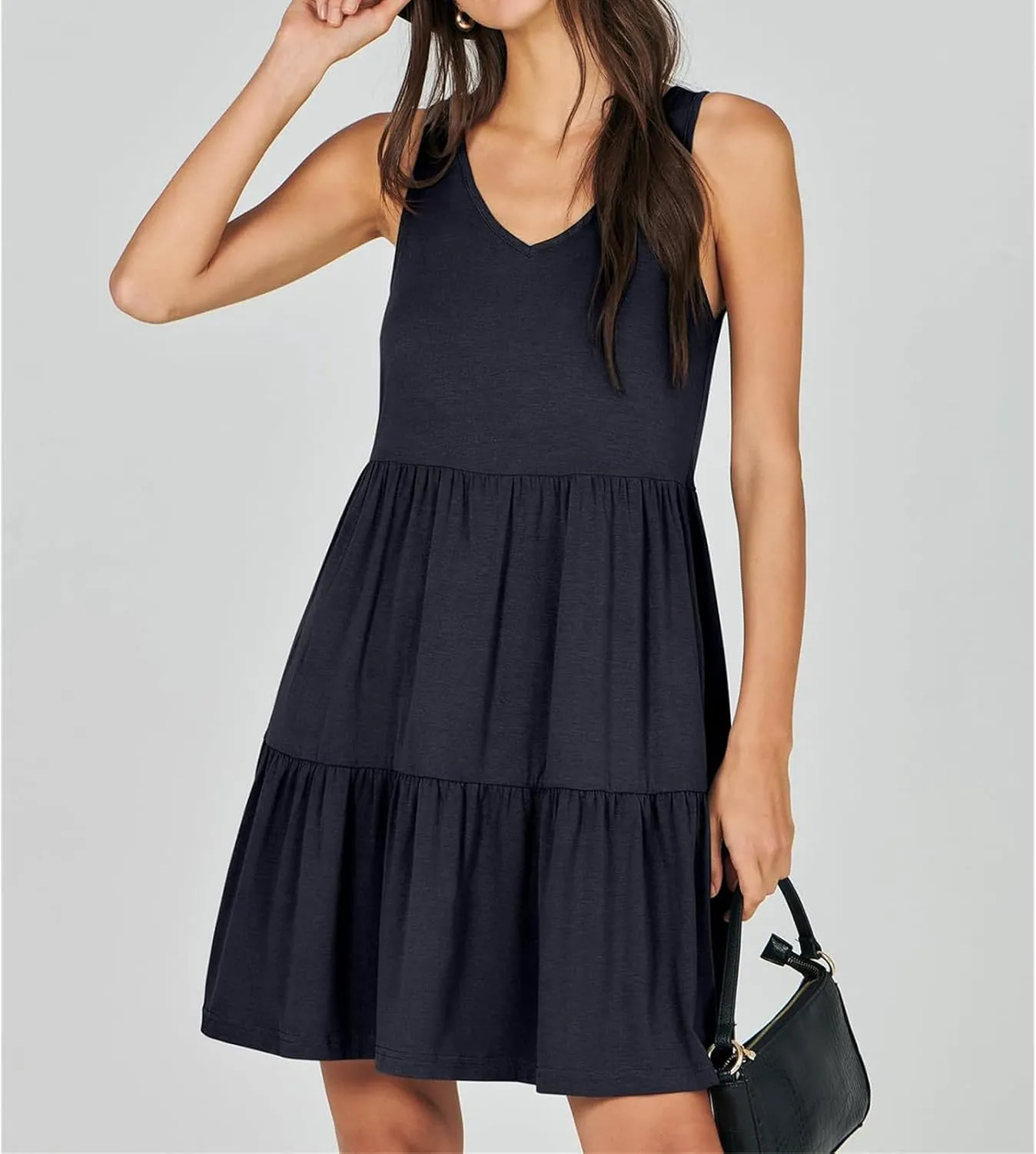 Dresses for Women Summer Fashion Sleeveless V Neck Ruffle Waist Mini Dress Solid Color Beach Vacation Sundress