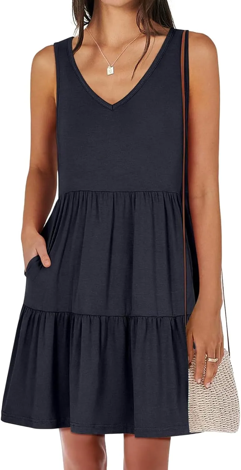 Dresses for Women Summer Fashion Sleeveless V Neck Ruffle Waist Mini Dress Solid Color Beach Vacation Sundress