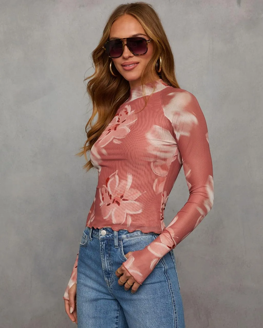 Dressmine Long Sleeve Mesh Tops for Women Mock Neck Floral Blouse Layering Sexy Fitted Going Out Top