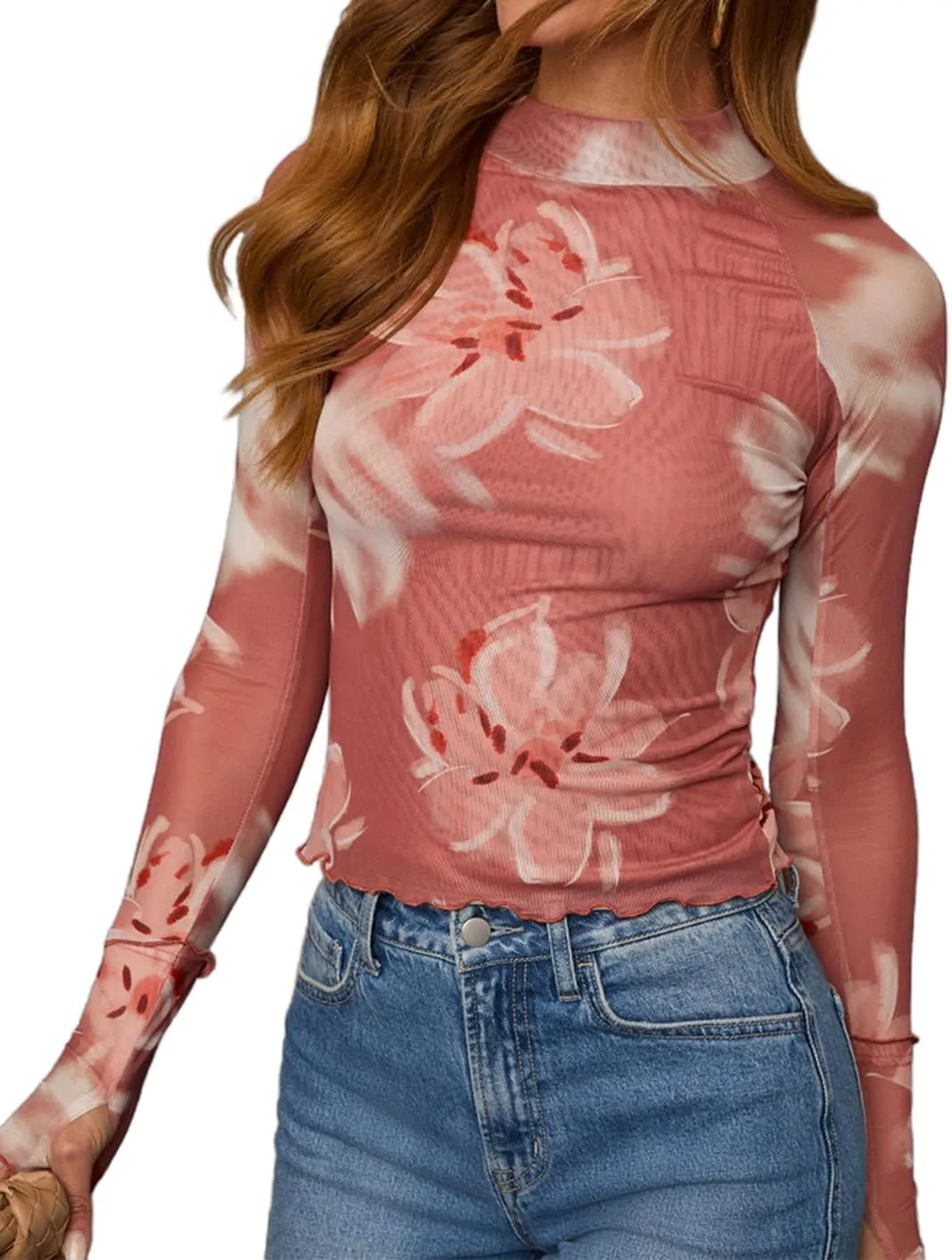 Dressmine Long Sleeve Mesh Tops for Women Mock Neck Floral Blouse Layering Sexy Fitted Going Out Top