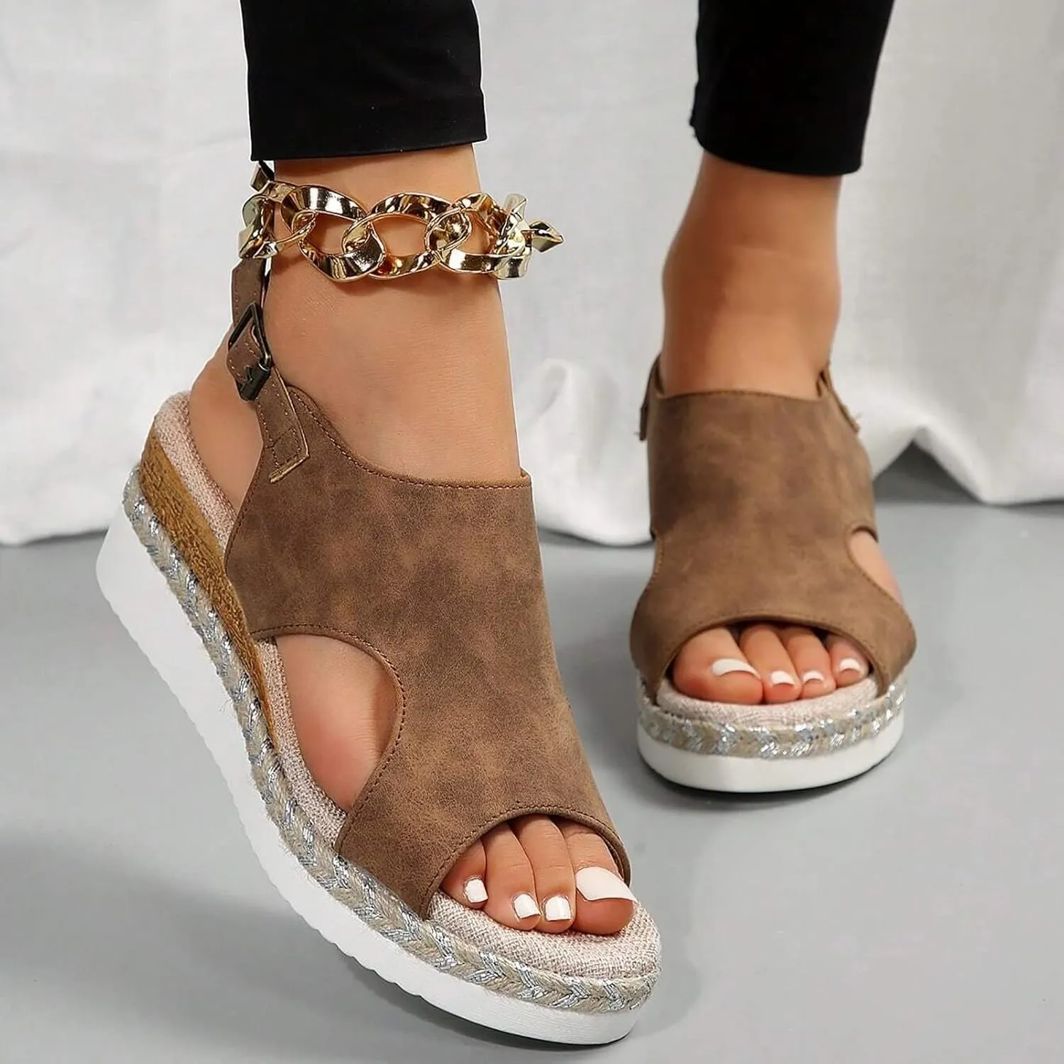 Espadrilles Wedges Heels for Women 2025 Wide Width Platform Wedge Sandals For Women Summer Dressy Casual Open Toe Orthopedic Platform Leather Sandals Adjustable Walking Strap Low Dress Shoes