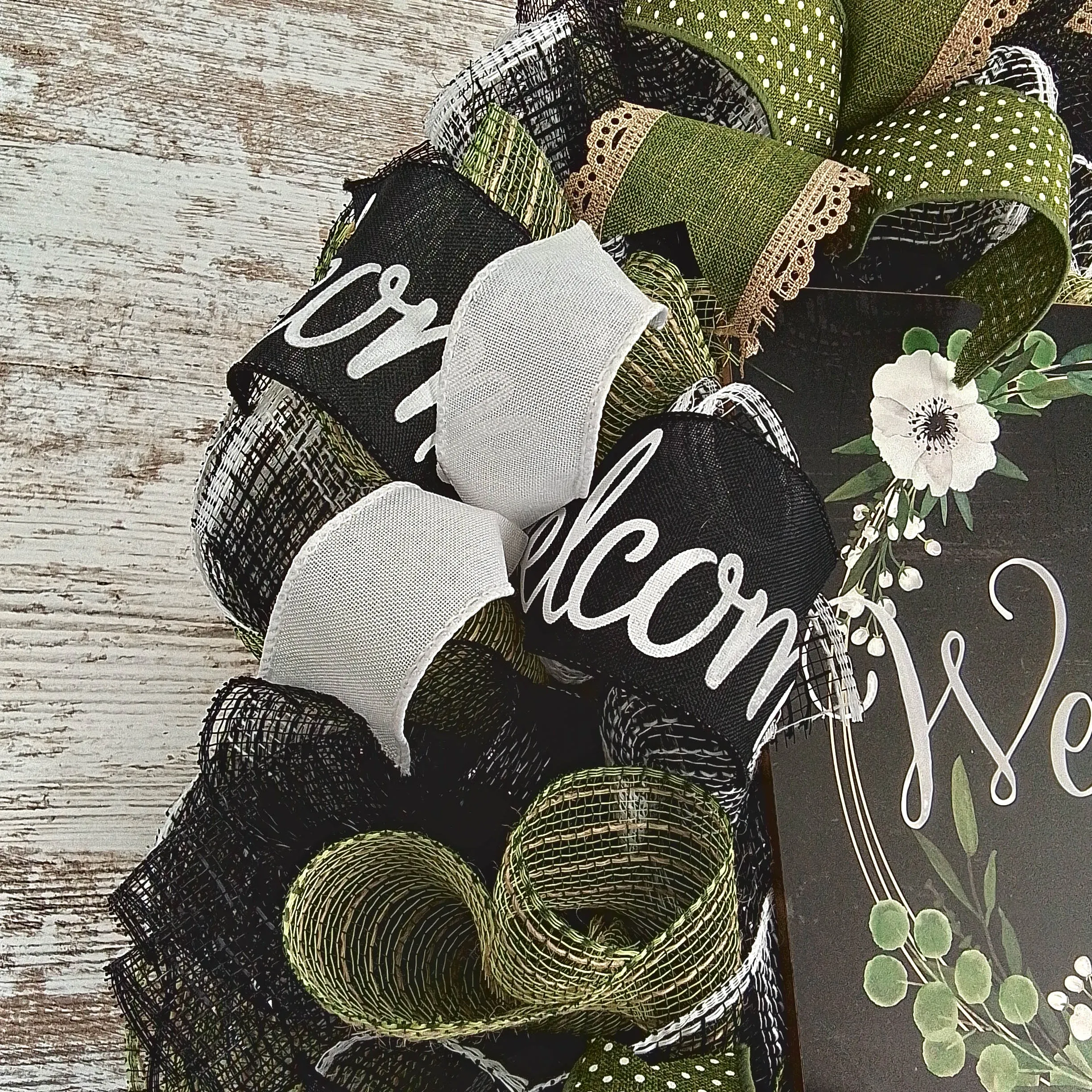 Everyday Welcome Wreath - Floral Spring Door Wreaths - Moss Green White Black