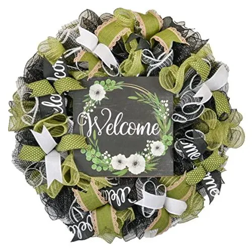 Everyday Welcome Wreath - Floral Spring Door Wreaths - Moss Green White Black