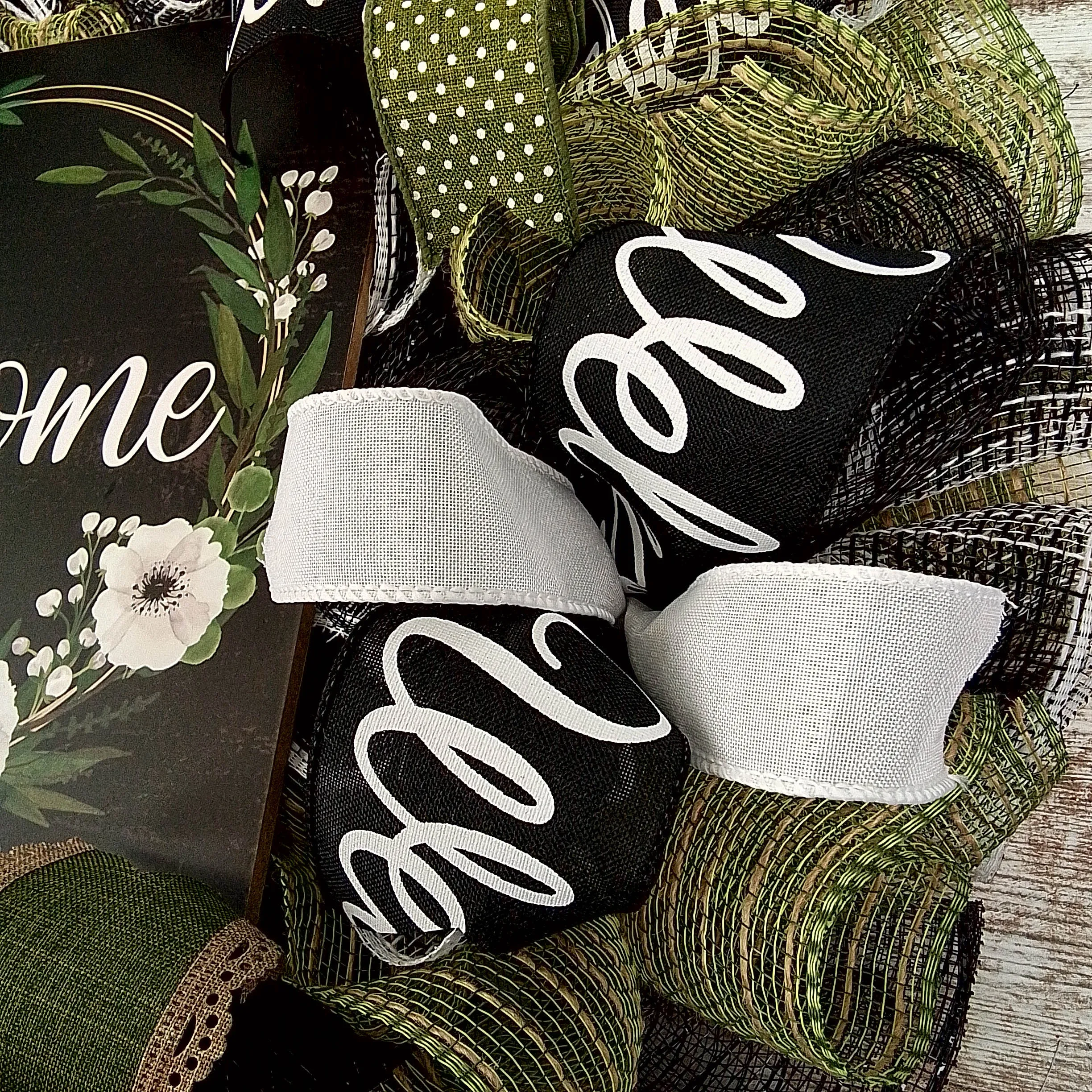 Everyday Welcome Wreath - Floral Spring Door Wreaths - Moss Green White Black