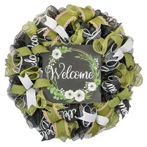 Everyday Welcome Wreath - Floral Spring Door Wreaths - Moss Green White Black
