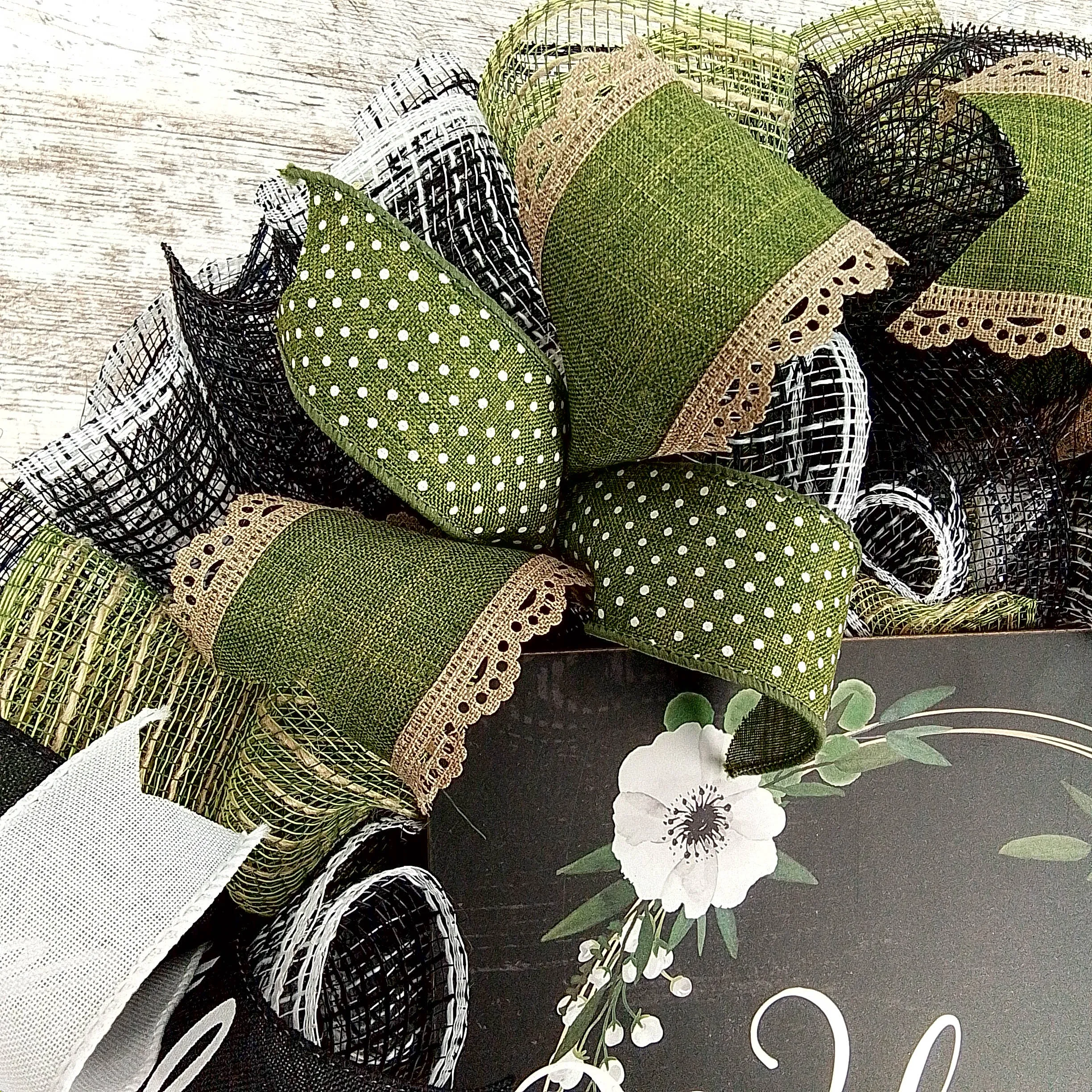 Everyday Welcome Wreath - Floral Spring Door Wreaths - Moss Green White Black