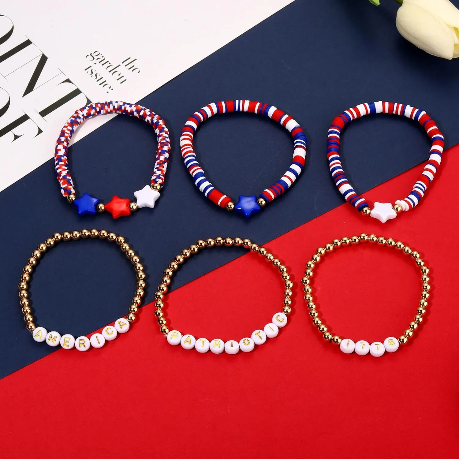 FAERLIIRY 4th of July Bracelets Red White Blue Bracelets American Flag USA Clay Beaded Bracelet Heishi Stretch Stackable Bracelets Patriotic Friendship Bracelet Surfer Preppy Summer Beach Jewelry