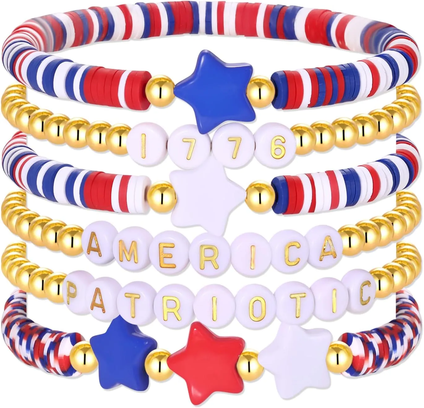 FAERLIIRY 4th of July Bracelets Red White Blue Bracelets American Flag USA Clay Beaded Bracelet Heishi Stretch Stackable Bracelets Patriotic Friendship Bracelet Surfer Preppy Summer Beach Jewelry