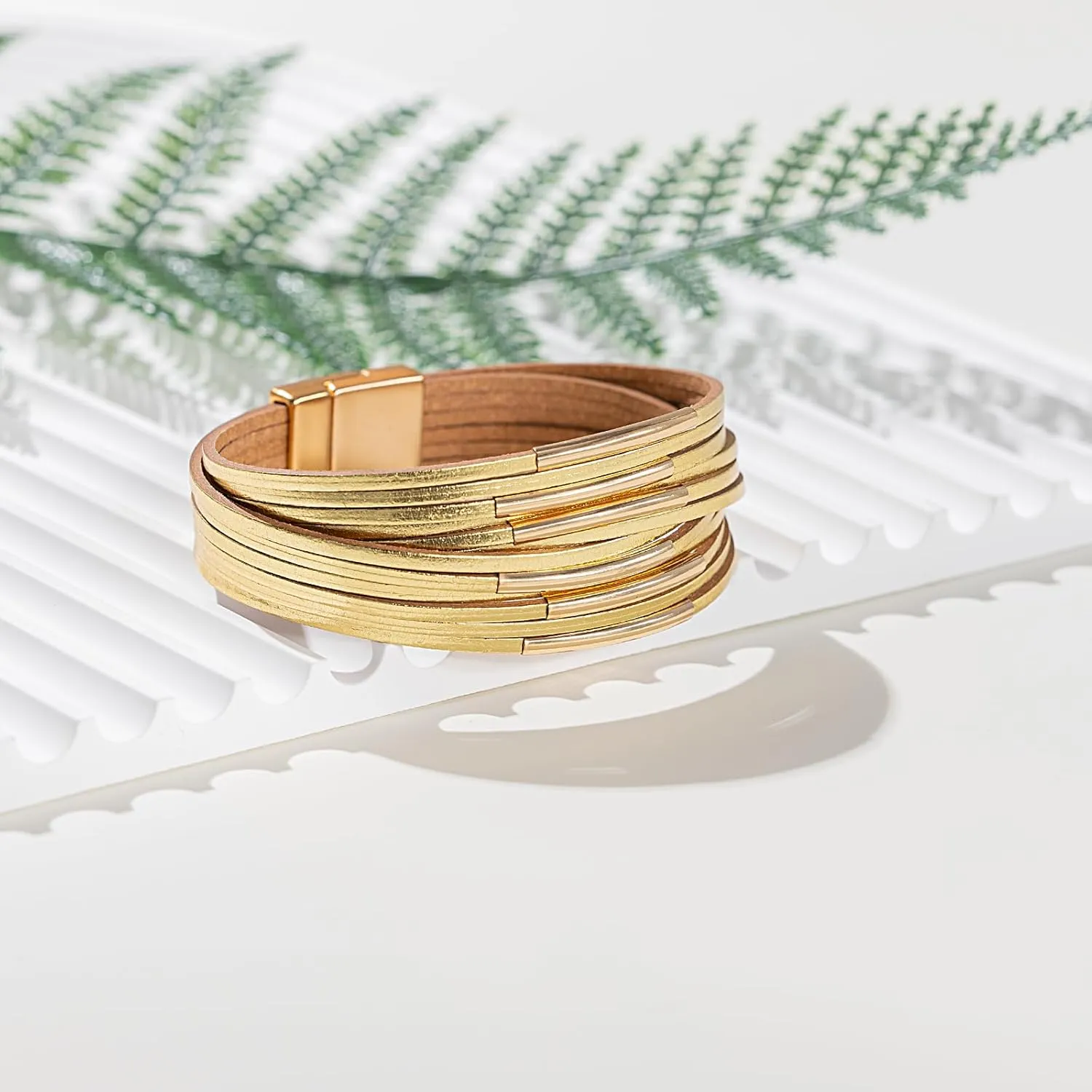 FANCY SHINY Boho Leather Bangle Bracelets Stackable Noodle Tube Bracelets Layered Wrap Cuff Bracelets with Magnetic Clasp