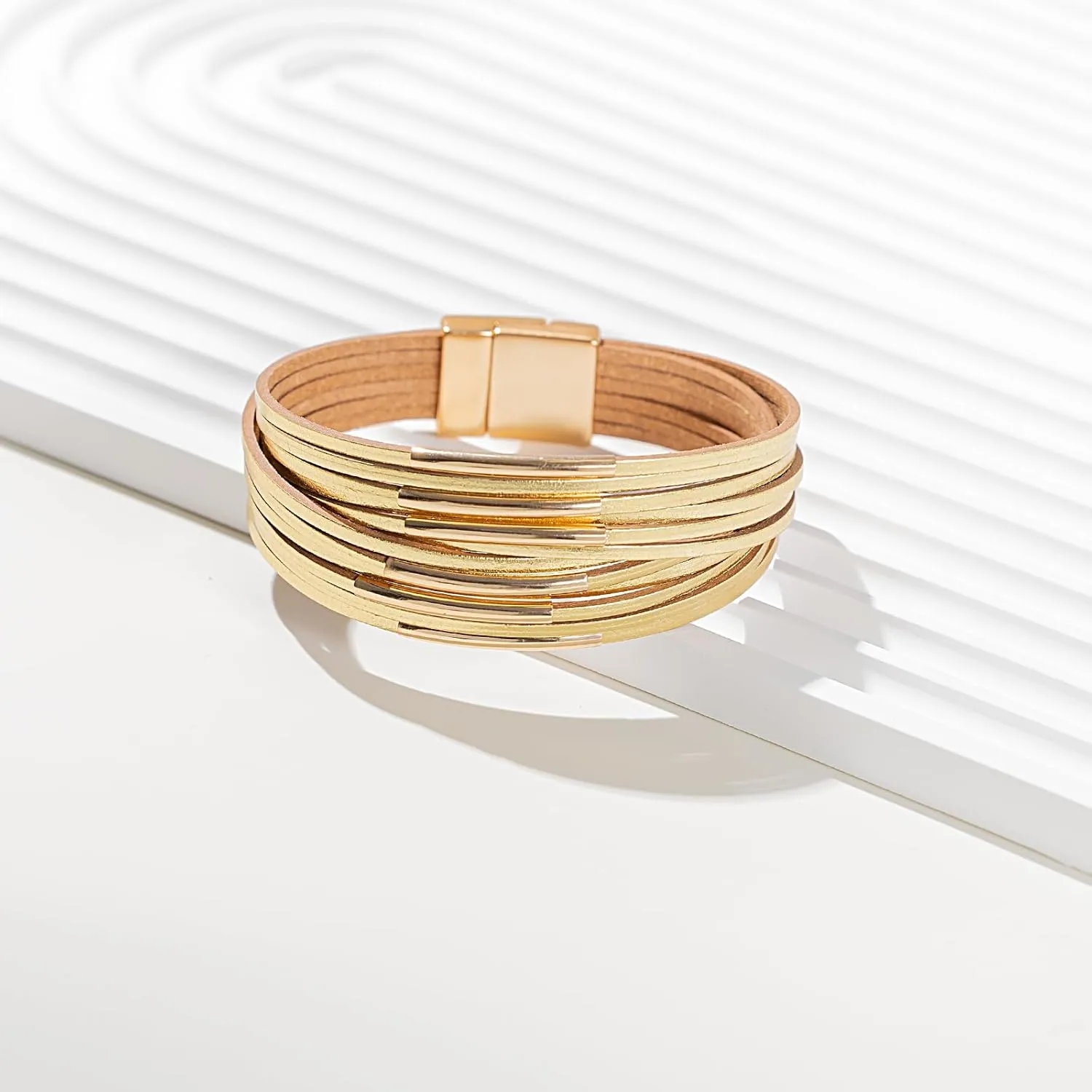 FANCY SHINY Boho Leather Bangle Bracelets Stackable Noodle Tube Bracelets Layered Wrap Cuff Bracelets with Magnetic Clasp