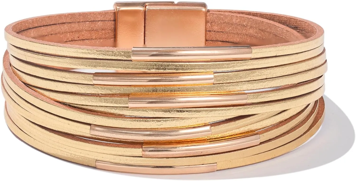FANCY SHINY Boho Leather Bangle Bracelets Stackable Noodle Tube Bracelets Layered Wrap Cuff Bracelets with Magnetic Clasp