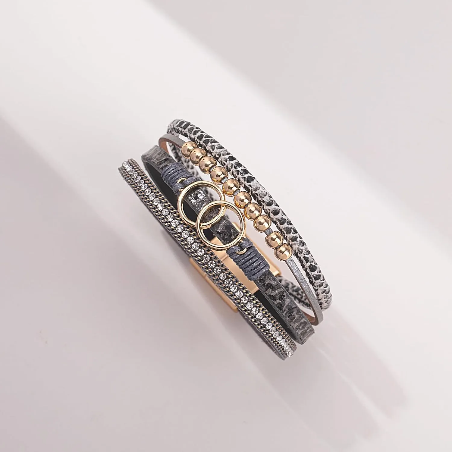 FANCY SHINY Boho Wrap Bracelets Leather Cuff Bangle Gold Beaded Bracelets for Women Stackable Infinity Bracelets Jewelry Gift Mom with Magnetic Clasp