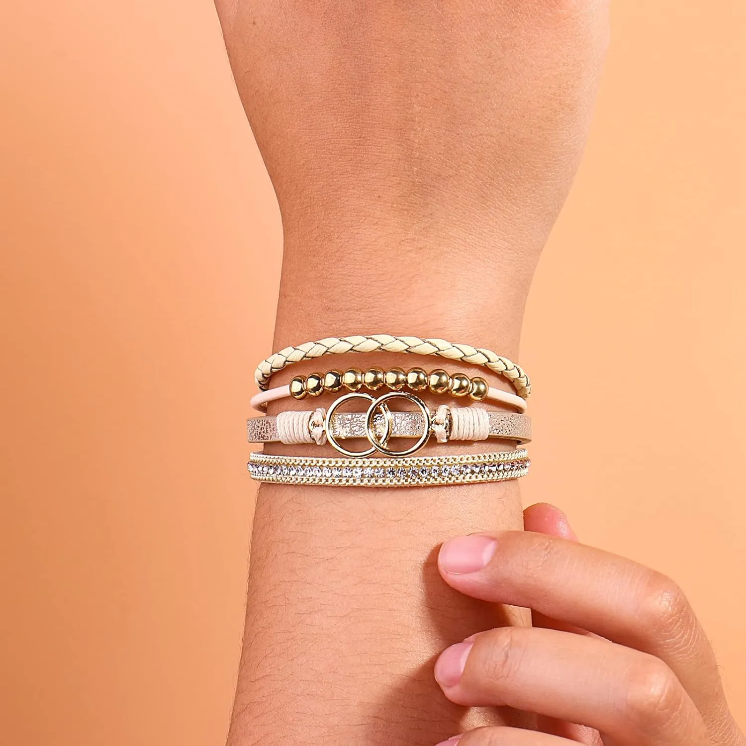 FANCY SHINY Boho Wrap Bracelets Leather Cuff Bangle Gold Beaded Bracelets for Women Stackable Infinity Bracelets Jewelry Gift Mom with Magnetic Clasp