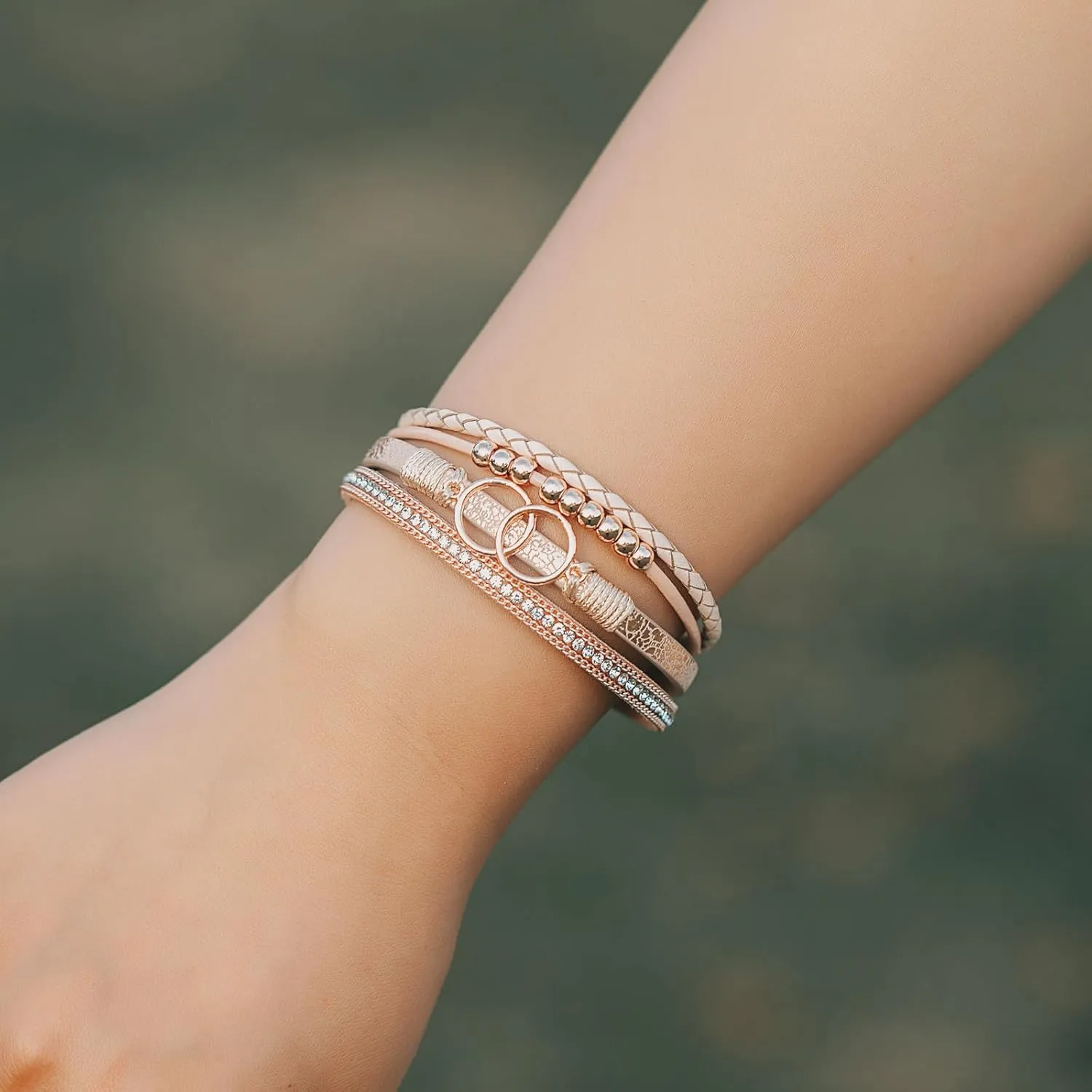 FANCY SHINY Boho Wrap Bracelets Leather Cuff Bangle Gold Beaded Bracelets for Women Stackable Infinity Bracelets Jewelry Gift Mom with Magnetic Clasp