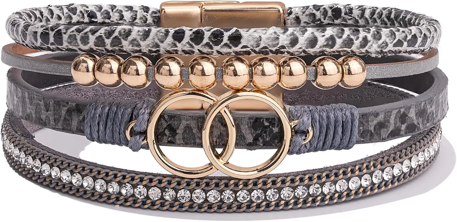 FANCY SHINY Boho Wrap Bracelets Leather Cuff Bangle Gold Beaded Bracelets for Women Stackable Infinity Bracelets Jewelry Gift Mom with Magnetic Clasp