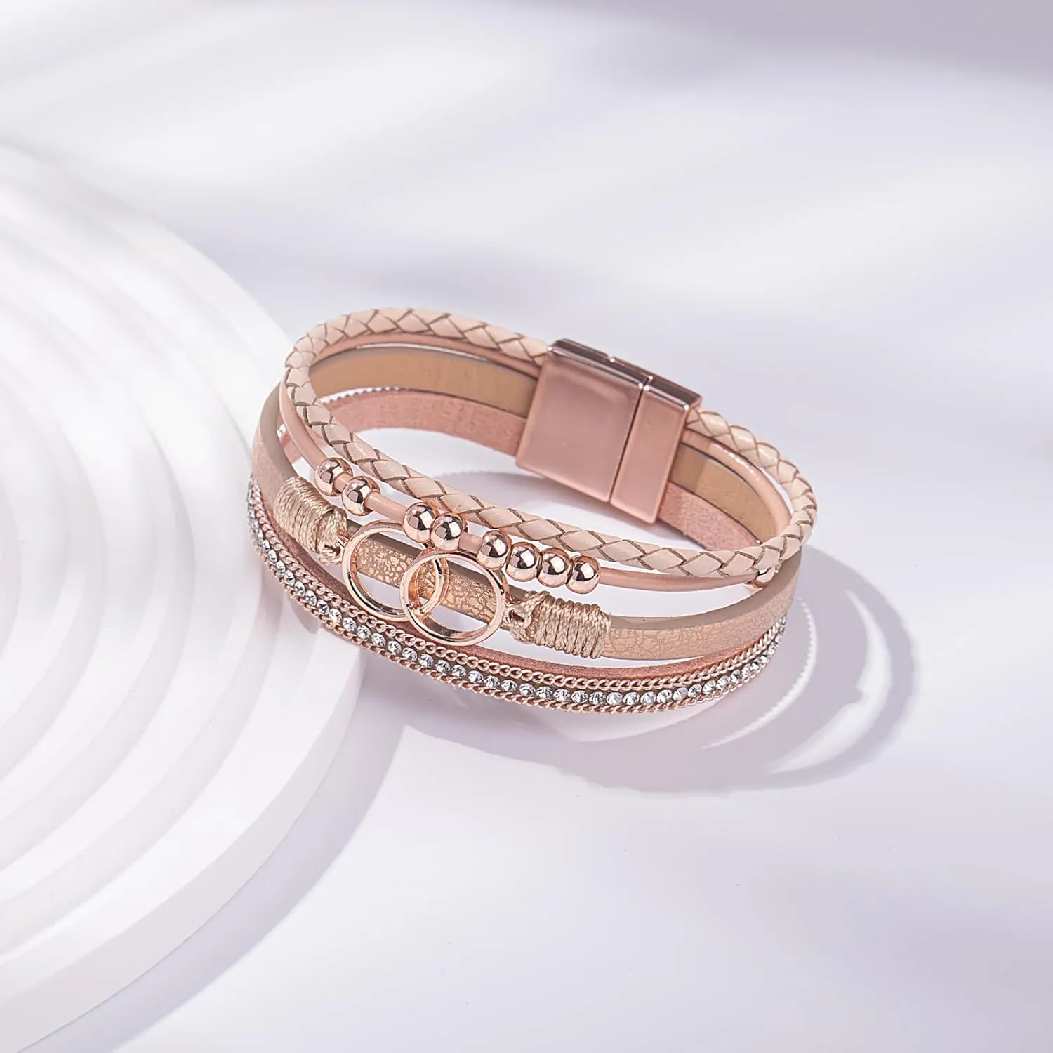 FANCY SHINY Boho Wrap Bracelets Leather Cuff Bangle Gold Beaded Bracelets for Women Stackable Infinity Bracelets Jewelry Gift Mom with Magnetic Clasp