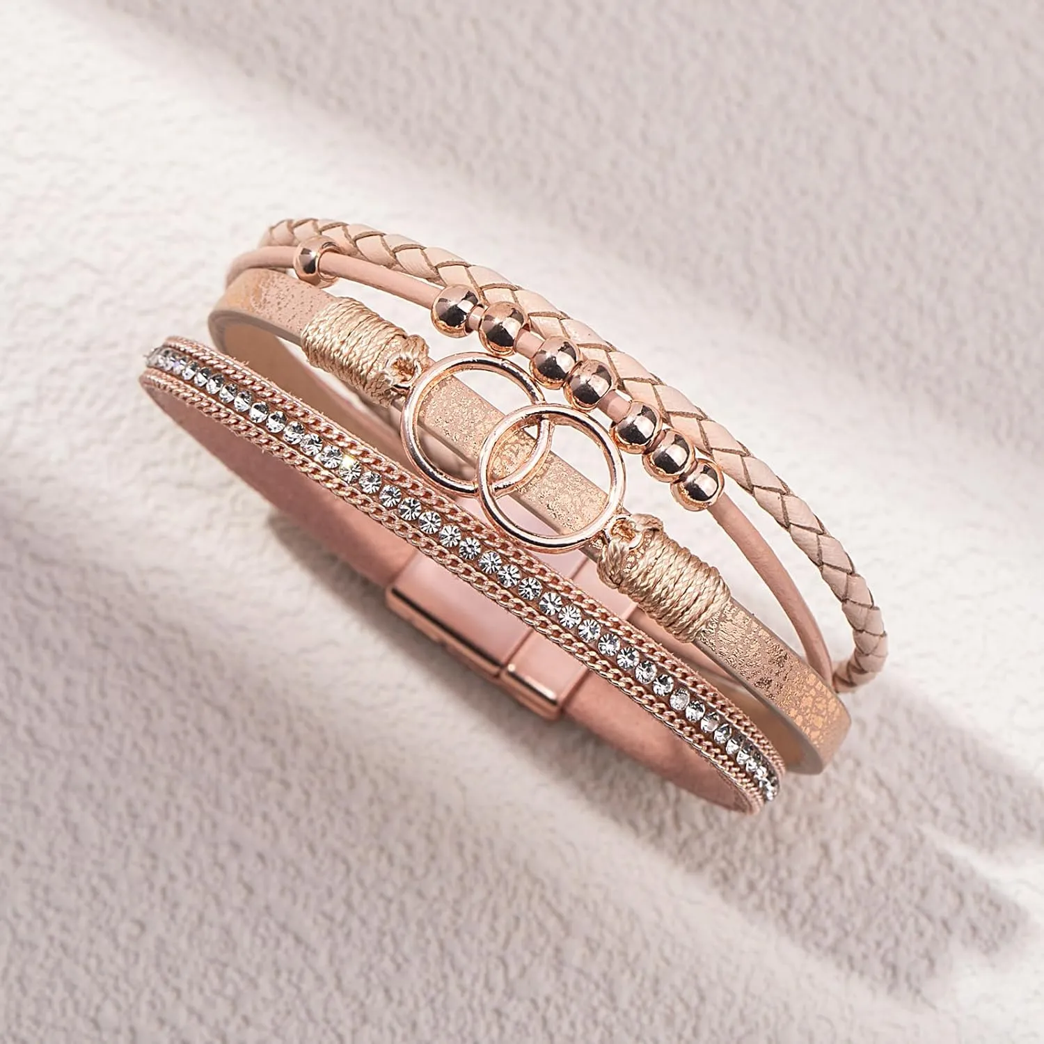 FANCY SHINY Boho Wrap Bracelets Leather Cuff Bangle Gold Beaded Bracelets for Women Stackable Infinity Bracelets Jewelry Gift Mom with Magnetic Clasp
