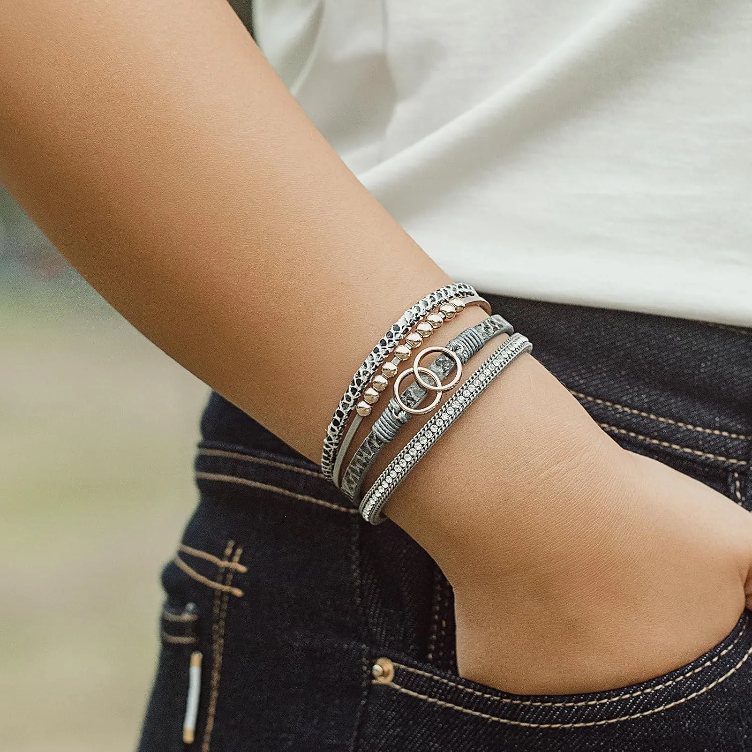 FANCY SHINY Boho Wrap Bracelets Leather Cuff Bangle Gold Beaded Bracelets for Women Stackable Infinity Bracelets Jewelry Gift Mom with Magnetic Clasp