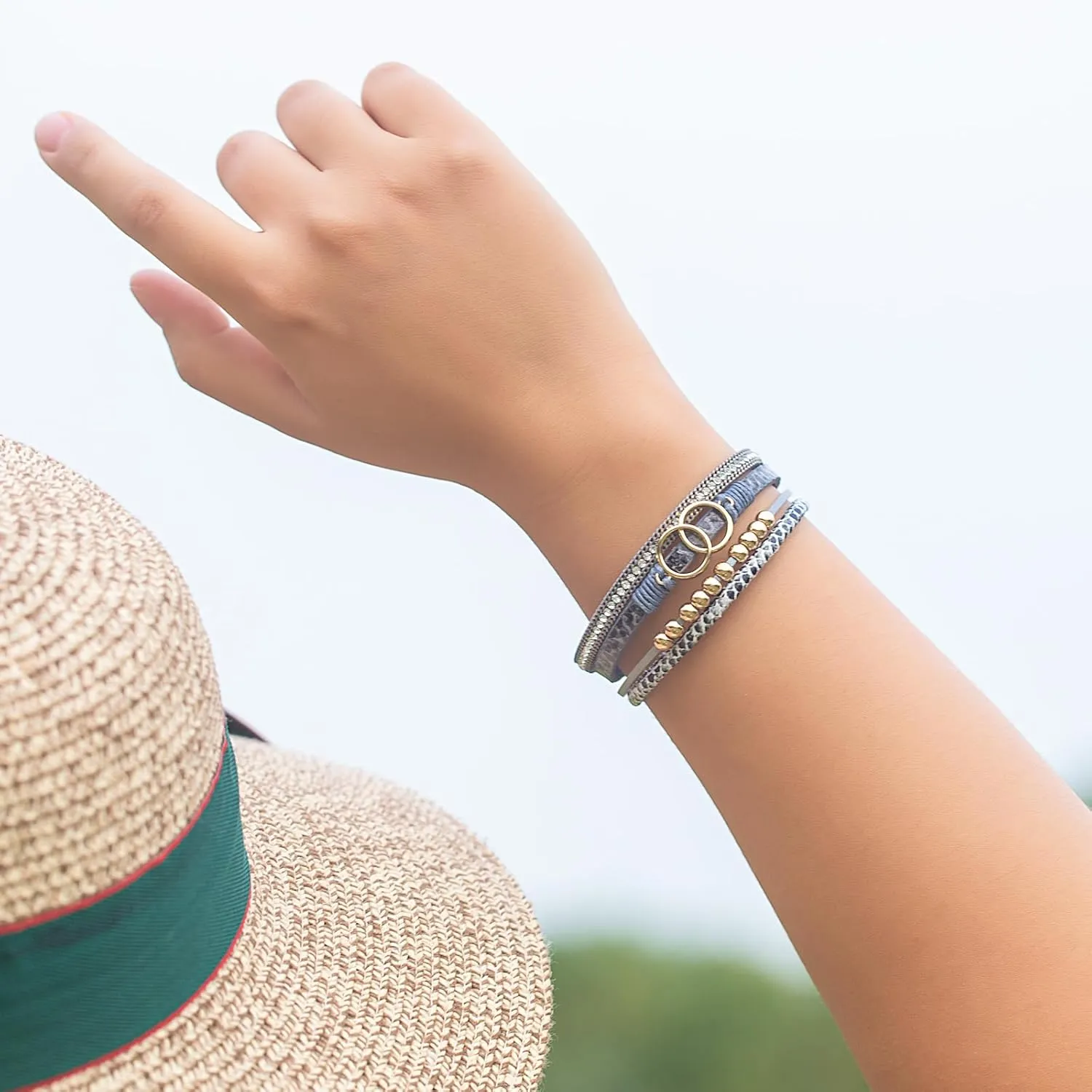 FANCY SHINY Boho Wrap Bracelets Leather Cuff Bangle Gold Beaded Bracelets for Women Stackable Infinity Bracelets Jewelry Gift Mom with Magnetic Clasp
