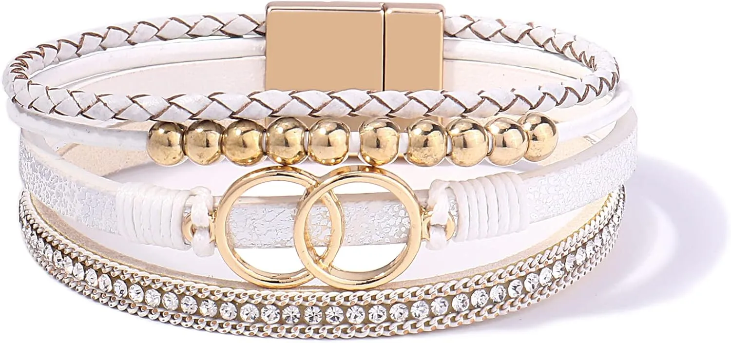 FANCY SHINY Boho Wrap Bracelets Leather Cuff Bangle Gold Beaded Bracelets for Women Stackable Infinity Bracelets Jewelry Gift Mom with Magnetic Clasp
