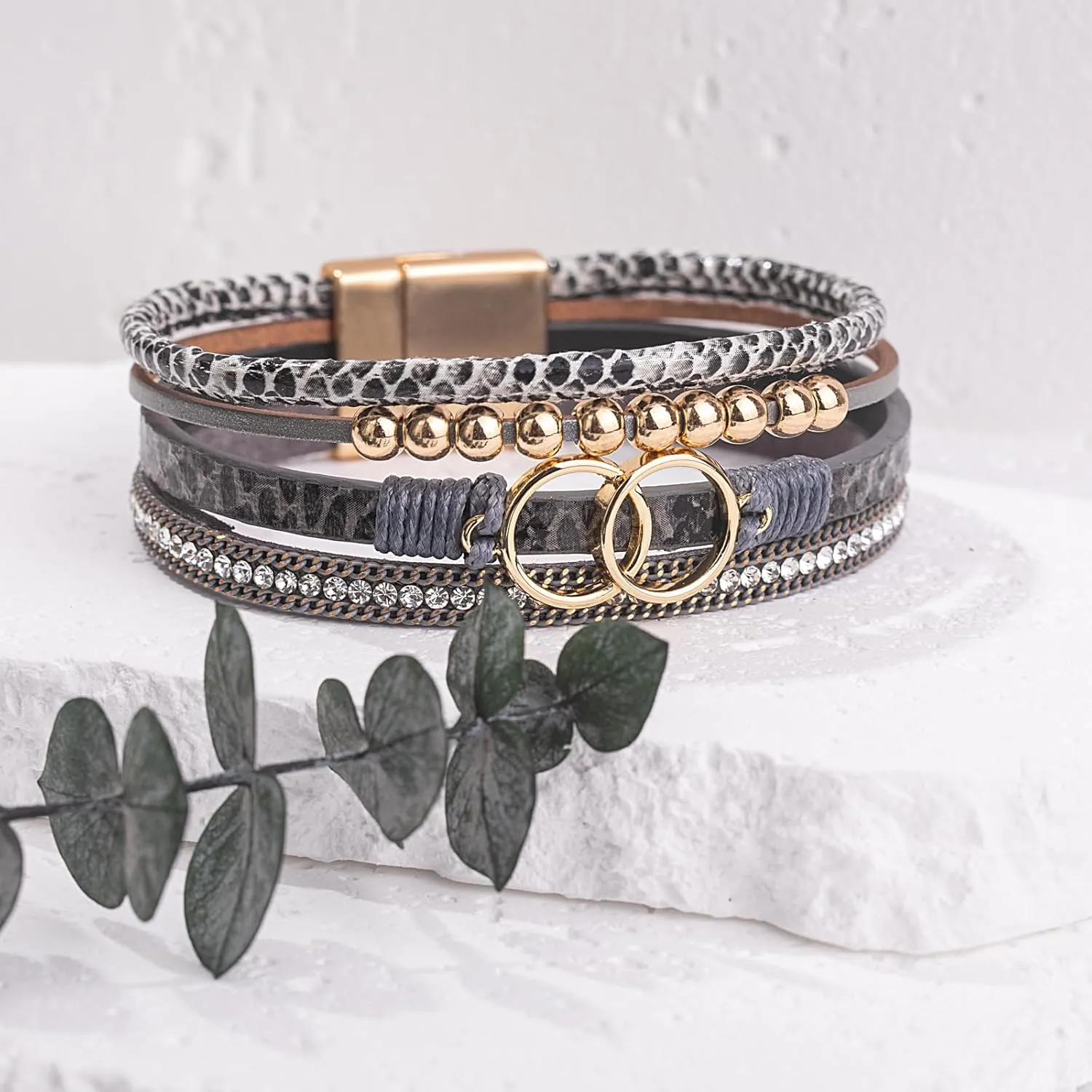 FANCY SHINY Boho Wrap Bracelets Leather Cuff Bangle Gold Beaded Bracelets for Women Stackable Infinity Bracelets Jewelry Gift Mom with Magnetic Clasp