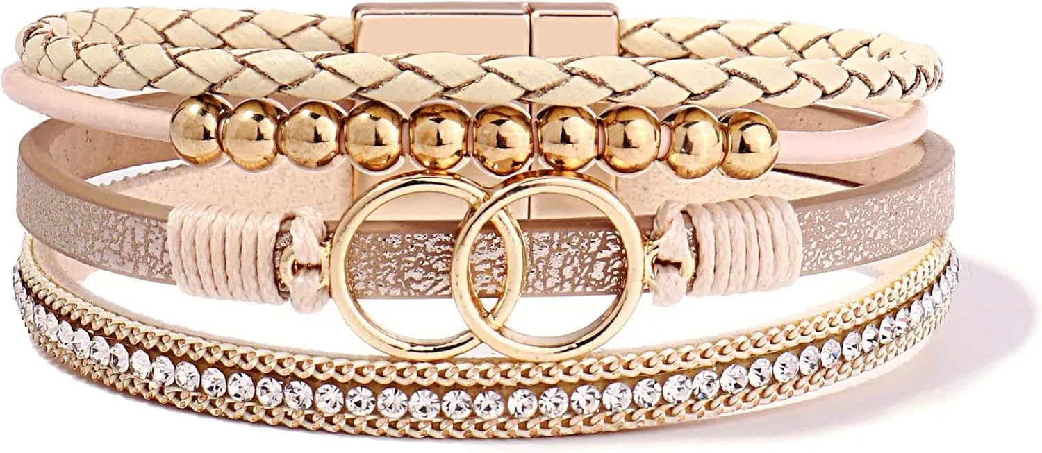 FANCY SHINY Boho Wrap Bracelets Leather Cuff Bangle Gold Beaded Bracelets for Women Stackable Infinity Bracelets Jewelry Gift Mom with Magnetic Clasp