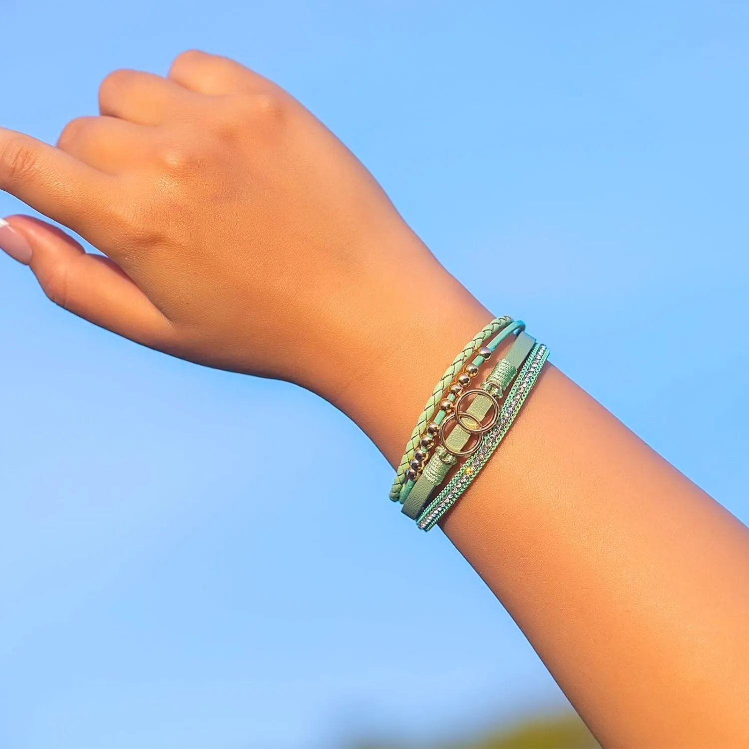 FANCY SHINY Boho Wrap Bracelets Leather Cuff Bangle Gold Beaded Bracelets for Women Stackable Infinity Bracelets Jewelry Gift Mom with Magnetic Clasp