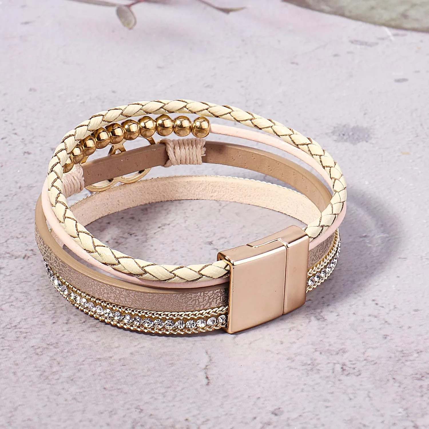 FANCY SHINY Boho Wrap Bracelets Leather Cuff Bangle Gold Beaded Bracelets for Women Stackable Infinity Bracelets Jewelry Gift Mom with Magnetic Clasp