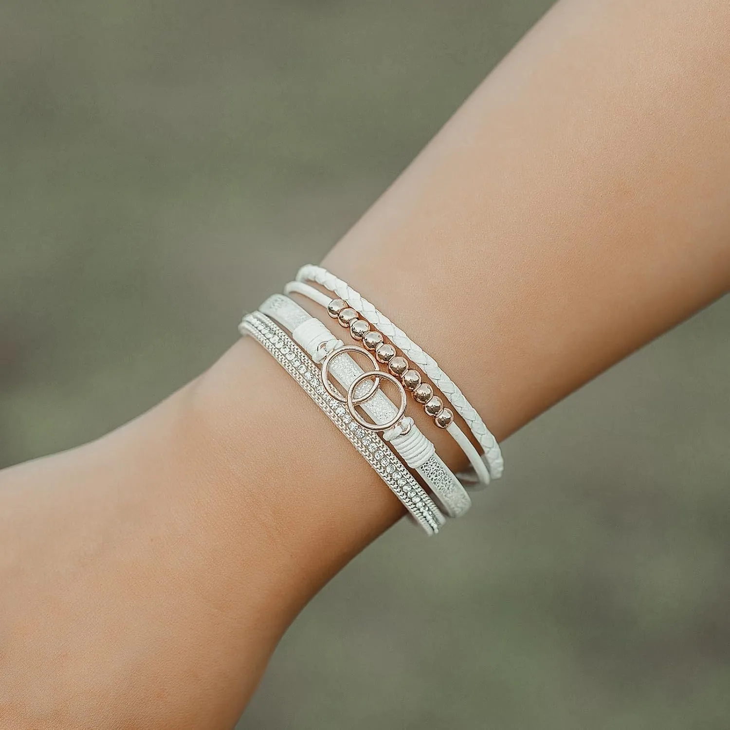 FANCY SHINY Boho Wrap Bracelets Leather Cuff Bangle Gold Beaded Bracelets for Women Stackable Infinity Bracelets Jewelry Gift Mom with Magnetic Clasp