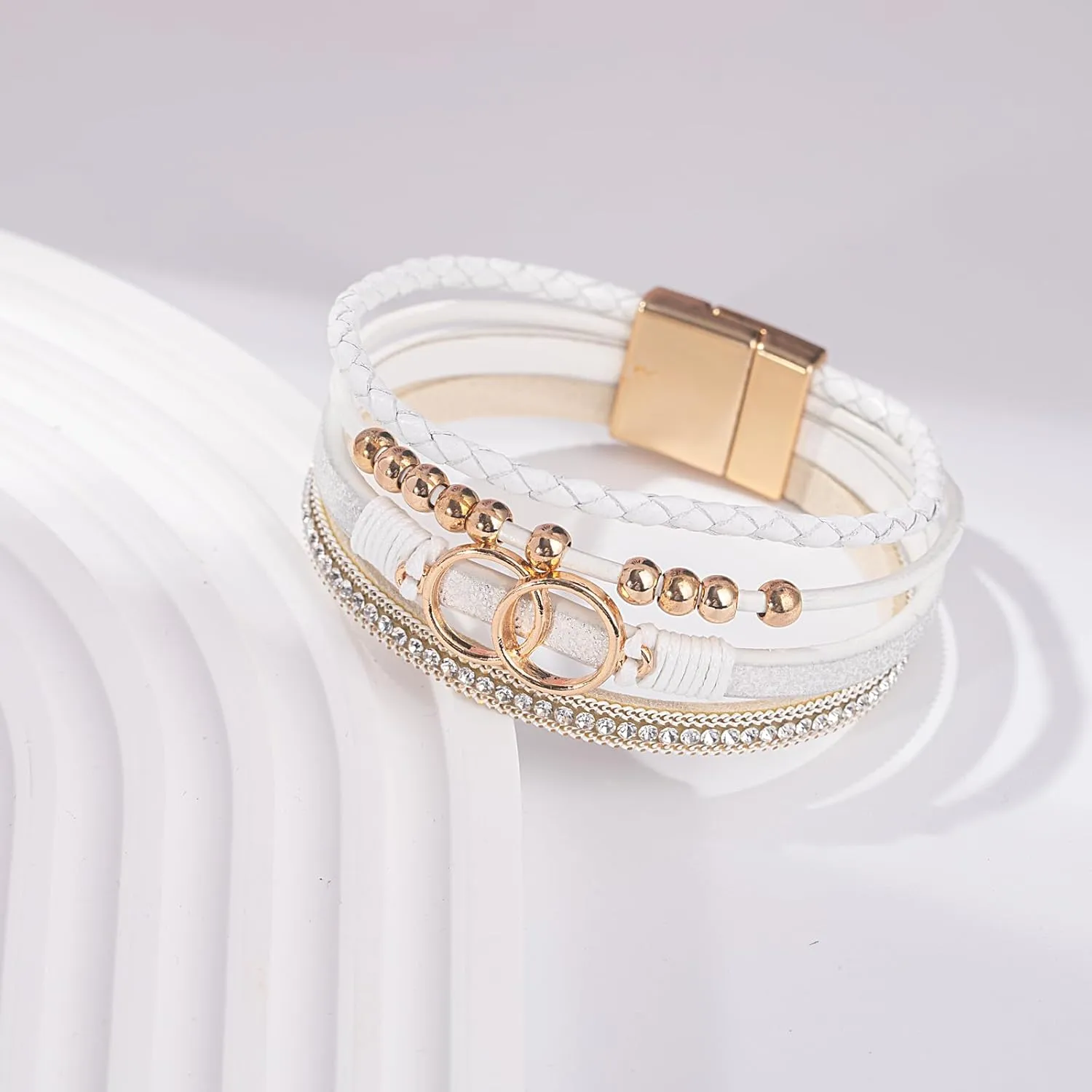 FANCY SHINY Boho Wrap Bracelets Leather Cuff Bangle Gold Beaded Bracelets for Women Stackable Infinity Bracelets Jewelry Gift Mom with Magnetic Clasp