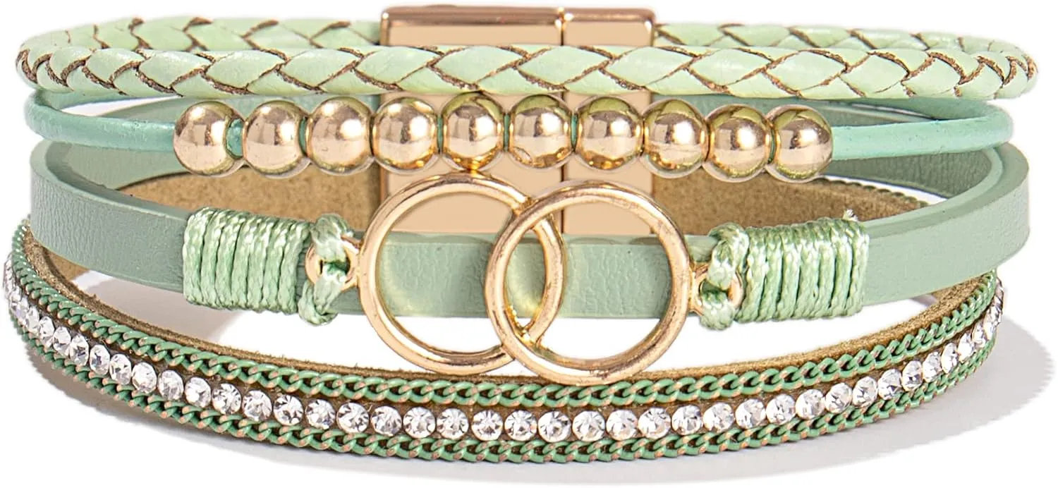 FANCY SHINY Boho Wrap Bracelets Leather Cuff Bangle Gold Beaded Bracelets for Women Stackable Infinity Bracelets Jewelry Gift Mom with Magnetic Clasp