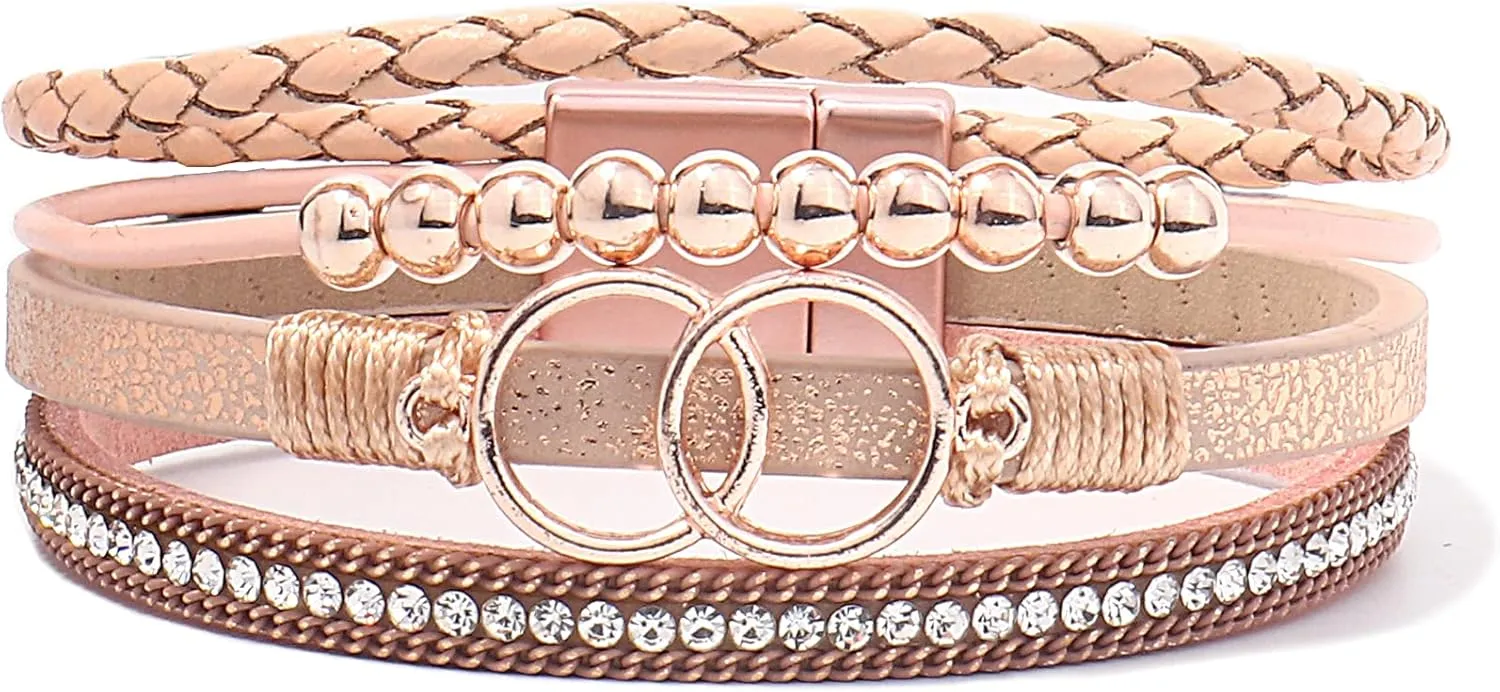 FANCY SHINY Boho Wrap Bracelets Leather Cuff Bangle Gold Beaded Bracelets for Women Stackable Infinity Bracelets Jewelry Gift Mom with Magnetic Clasp