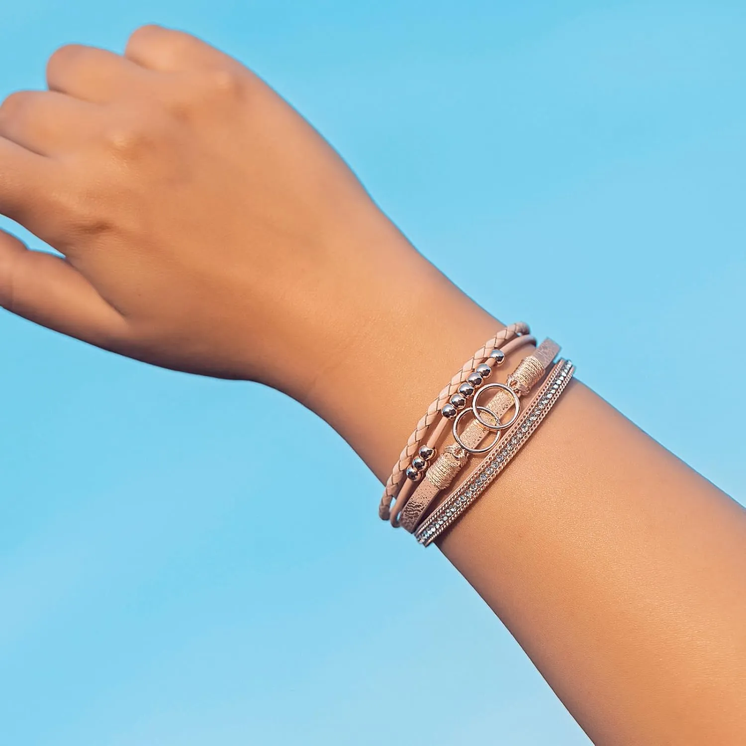 FANCY SHINY Boho Wrap Bracelets Leather Cuff Bangle Gold Beaded Bracelets for Women Stackable Infinity Bracelets Jewelry Gift Mom with Magnetic Clasp