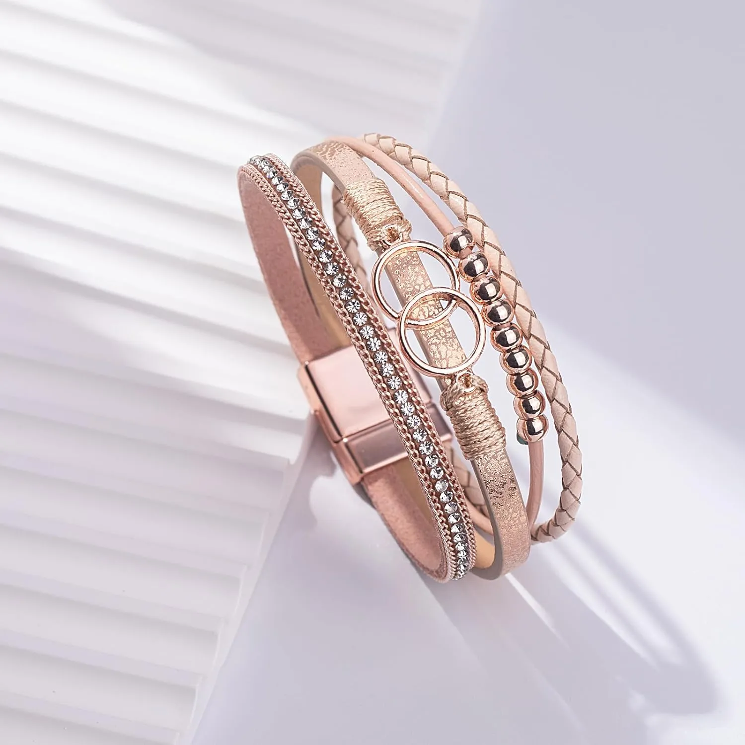 FANCY SHINY Boho Wrap Bracelets Leather Cuff Bangle Gold Beaded Bracelets for Women Stackable Infinity Bracelets Jewelry Gift Mom with Magnetic Clasp