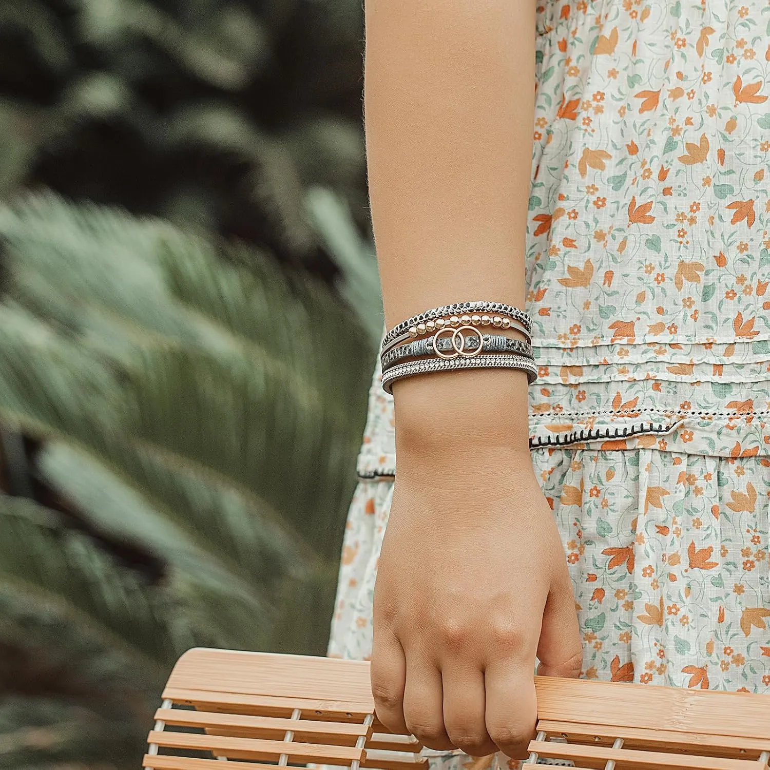 FANCY SHINY Boho Wrap Bracelets Leather Cuff Bangle Gold Beaded Bracelets for Women Stackable Infinity Bracelets Jewelry Gift Mom with Magnetic Clasp