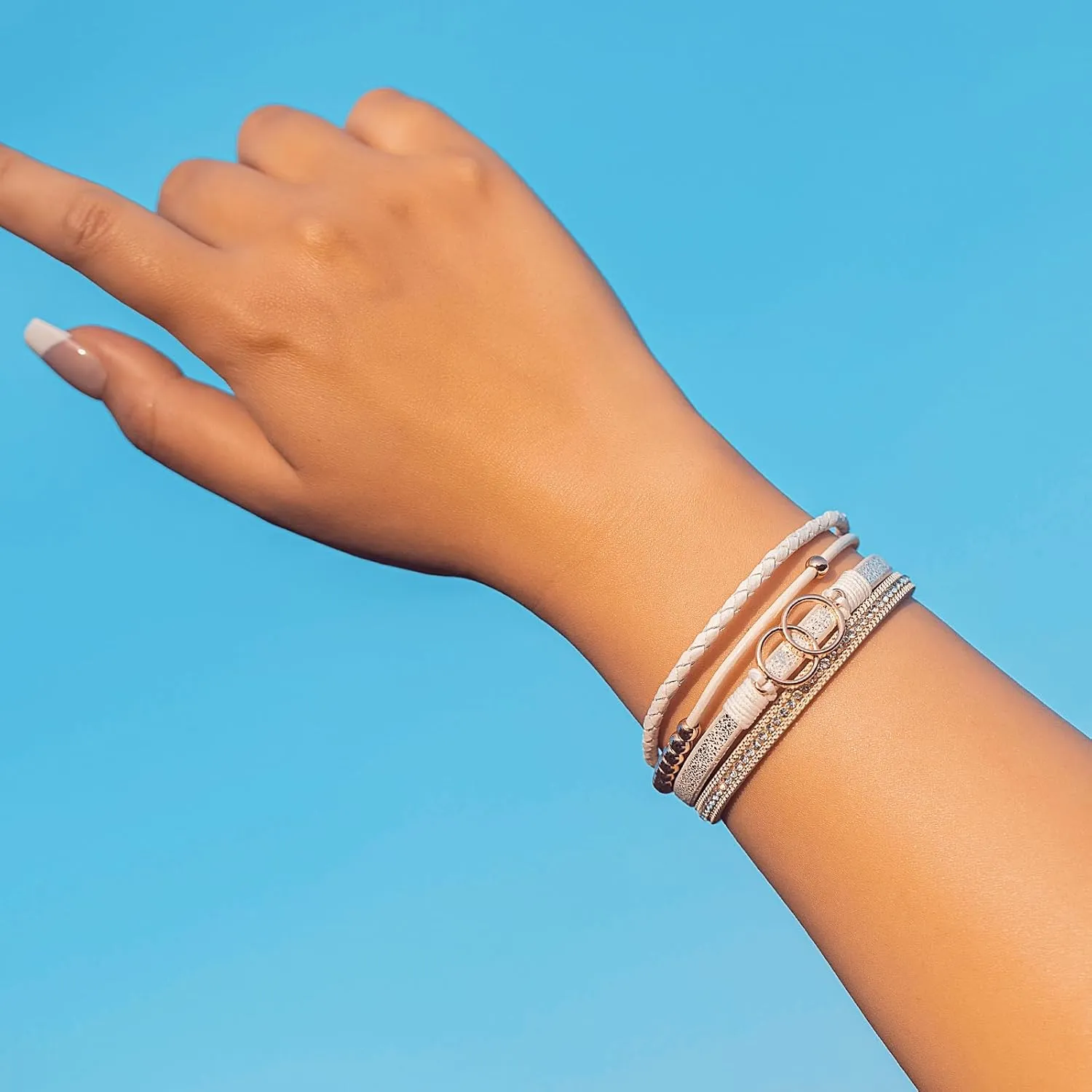 FANCY SHINY Boho Wrap Bracelets Leather Cuff Bangle Gold Beaded Bracelets for Women Stackable Infinity Bracelets Jewelry Gift Mom with Magnetic Clasp