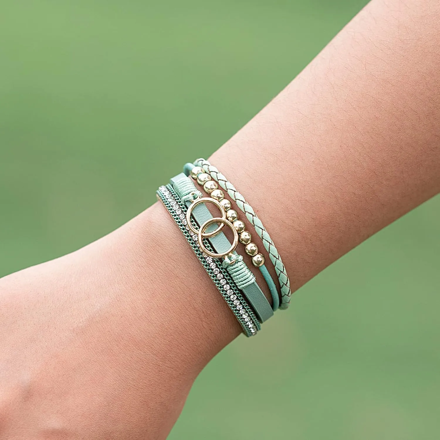 FANCY SHINY Boho Wrap Bracelets Leather Cuff Bangle Gold Beaded Bracelets for Women Stackable Infinity Bracelets Jewelry Gift Mom with Magnetic Clasp