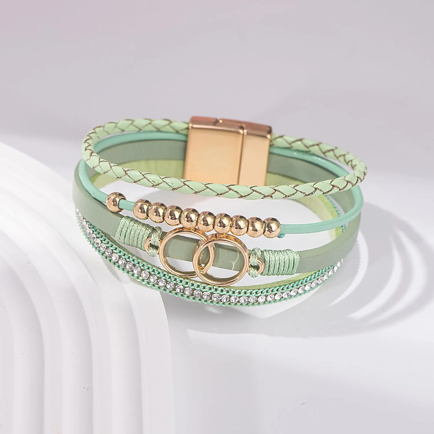 FANCY SHINY Boho Wrap Bracelets Leather Cuff Bangle Gold Beaded Bracelets for Women Stackable Infinity Bracelets Jewelry Gift Mom with Magnetic Clasp
