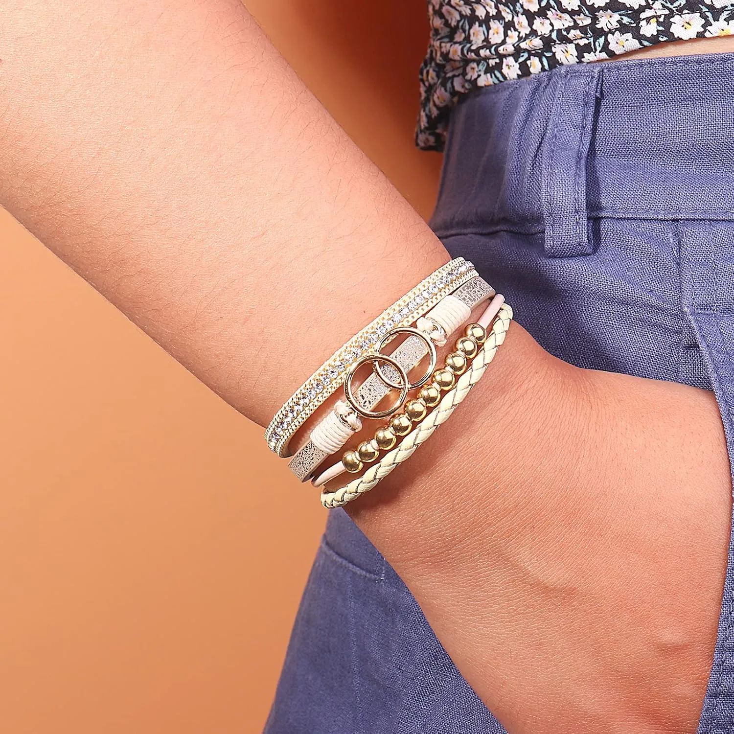 FANCY SHINY Boho Wrap Bracelets Leather Cuff Bangle Gold Beaded Bracelets for Women Stackable Infinity Bracelets Jewelry Gift Mom with Magnetic Clasp