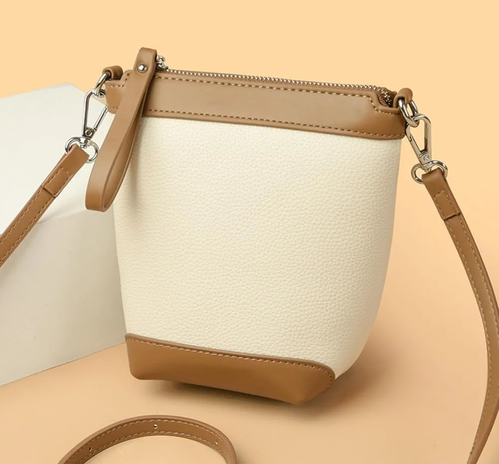 Fashion PU Leather Shoulder Tote Bag for Women Small Bucket Crossbody Purse Handbags Casual Top Handle Satchel