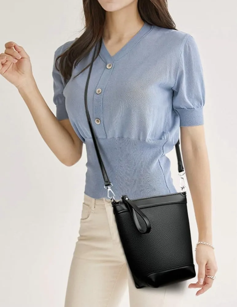 Fashion PU Leather Shoulder Tote Bag for Women Small Bucket Crossbody Purse Handbags Casual Top Handle Satchel