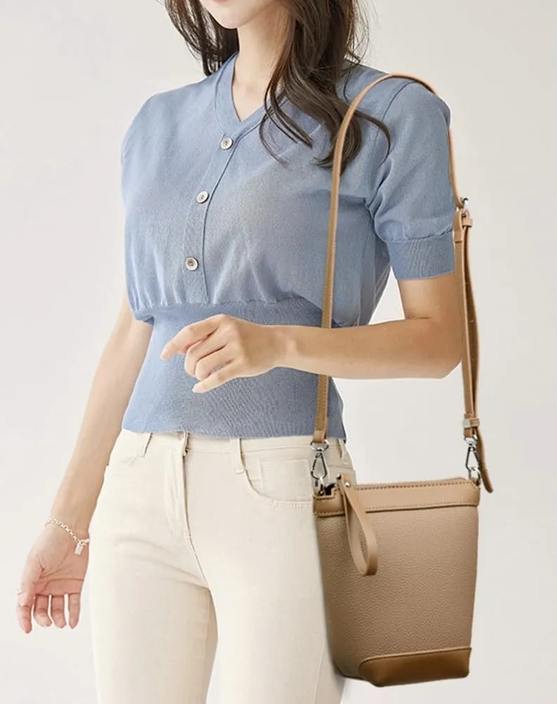Fashion PU Leather Shoulder Tote Bag for Women Small Bucket Crossbody Purse Handbags Casual Top Handle Satchel