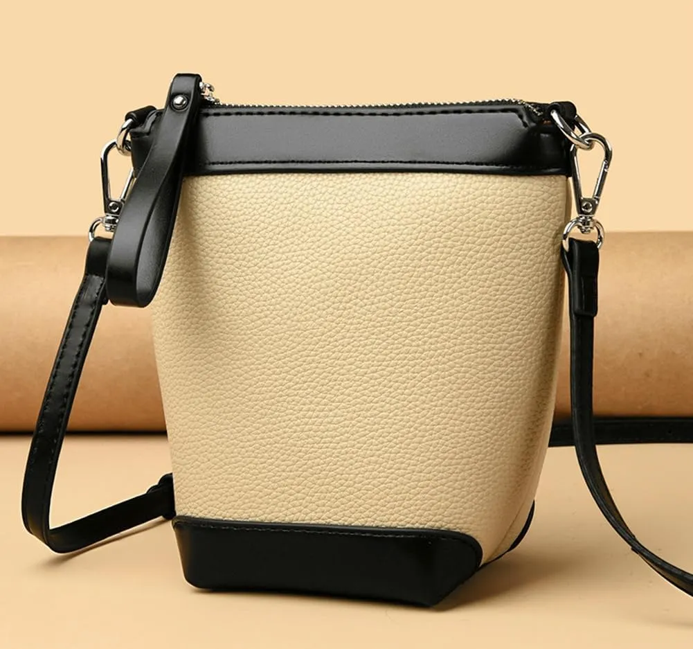 Fashion PU Leather Shoulder Tote Bag for Women Small Bucket Crossbody Purse Handbags Casual Top Handle Satchel