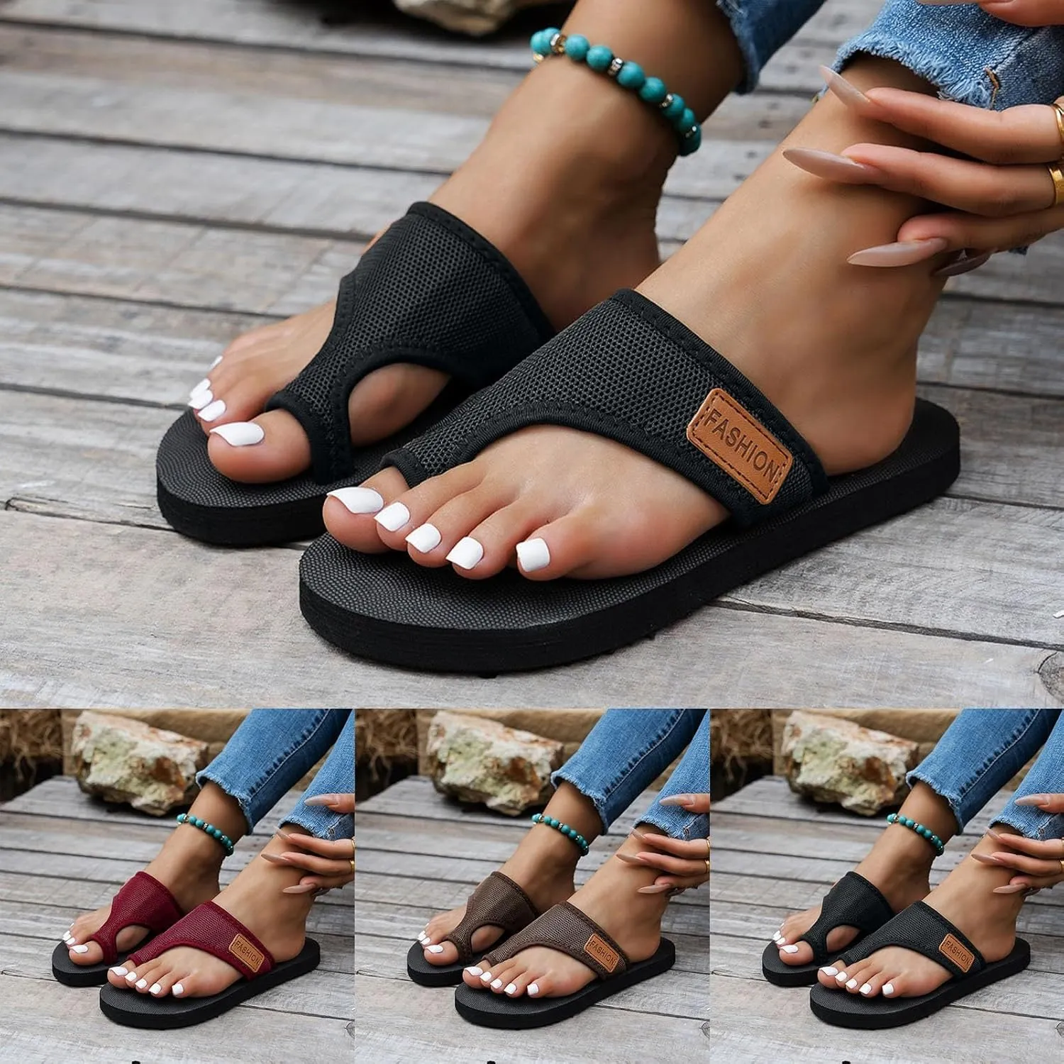 Flip Flops for Women Summer Arch Support Orthopedic Sandals Breathable Mesh Slip on Slippers, Comfort Plantar Fasciitis Platform Slippers Casual Clip Toe Flip Flops