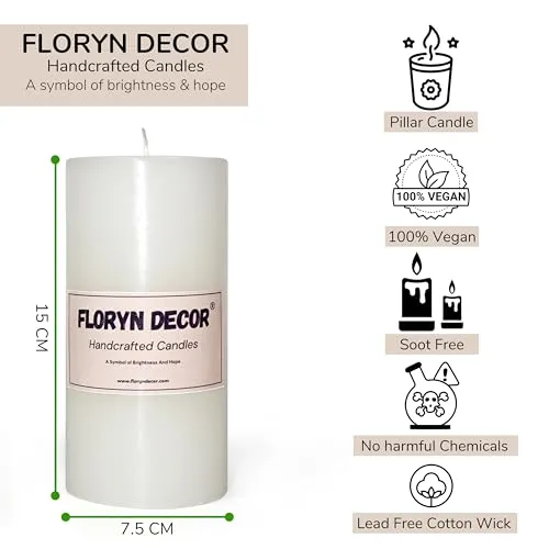 Floryn Decor Luxury Smokeless Pillar Candles, Long Burning Candles, Big Pillar Candles for Home Decor, Size- 3 by 6 inches (Unscented, Pack of 6)